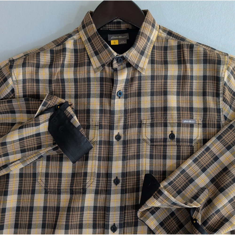 Eddie Bauer First Ascent Plaid Shirt Mens Large L Brown Tan Yellow Button Down - Picture 5 of 13